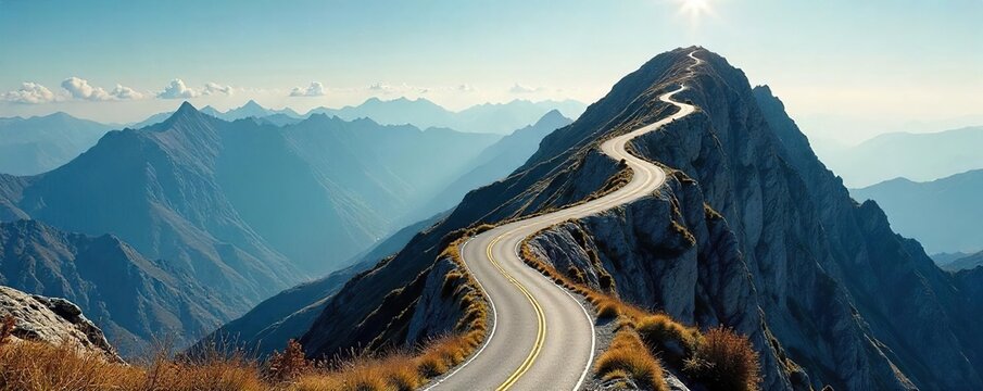 A winding road ascending a mountain, symbolizing the journey of career progression and the challenges overcome to reach the summit of success , dedication, horizon, mountain