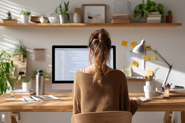 In a cozy home office, a person sits at a wooden desk, focused on a computer screen. The space is filled with plants and notes, illuminated by natural light filtering through a window