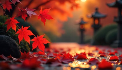 Vibrant red maple leaves in a japanese garden during autumn with stone lanterns and a serene atmosphere