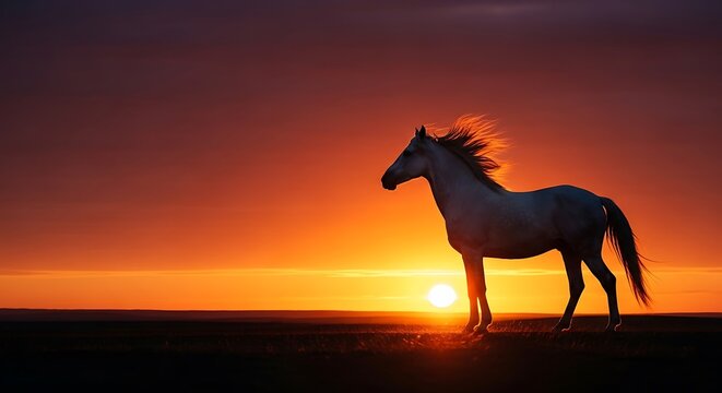 A white horse stands in a field at sunset, its mane blowing in the wind.