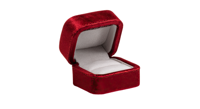 Open, maroon velvet ring box, showing interior