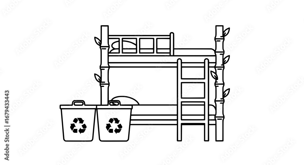 Poster bamboo shelving unit with recycling bins and storage crates with transparent background