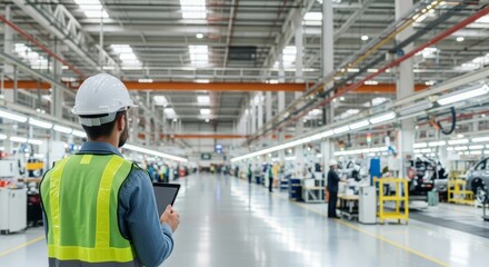 Worker in safety vest and helmet inspecting modern factory floor