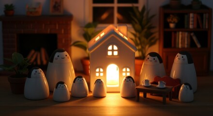 Miniature White House Glowing with Warm Light Surrounded by Character Figurines