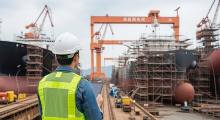 Engineer in safety vest and helmet overseeing shipbuilding in yard