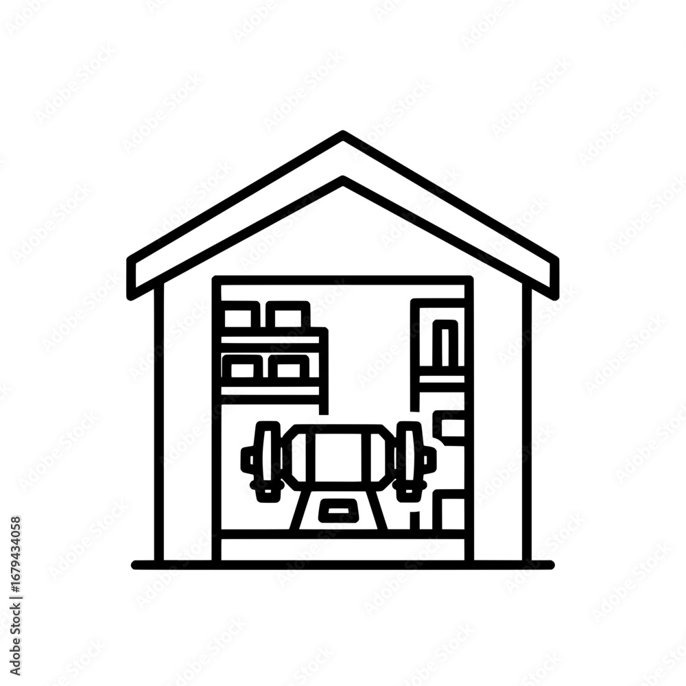 Poster garage with open door and shelf inside with transparent background