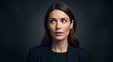 Pensive Businesswoman Wearing Dark Suit Looking Upward on Dark Background