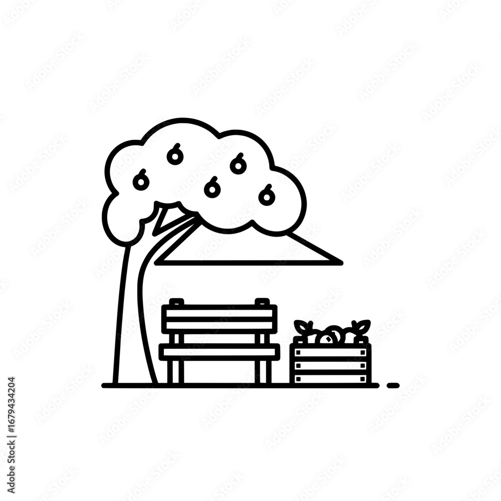 Poster tree with fruits and bench with transparent background