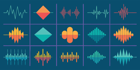 Sound Wave. Music. Abstract. A modern colorful vector icon set of audio waveforms and equalizer graphics for a music app, a podcast banner, a radio station logo, or a tech presentation.