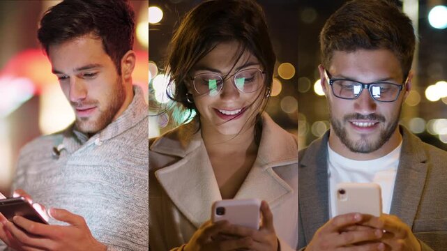 Young Adults Smiling While Looking At Smartphones At Night, Surrounded By Blurred City Lights, Representing Social Media, Communication, Technology And Modern Digital Lifestyle.