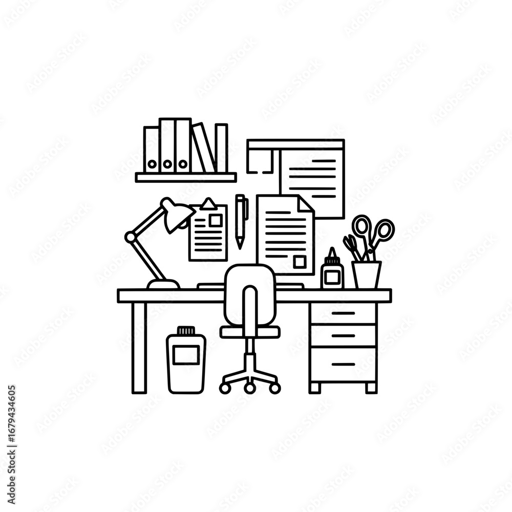 Poster office workspace with desk and documents with transparent background