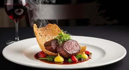 Prepared Dark Meat Dish with Red Wine and Golden Crisp on White Plate