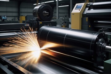 3d printing machine: Close-up of black offset ink in stainless-steel duct paired with a reflective fiber-optic digital data cable, showcasing advanced industrial printing equipment.