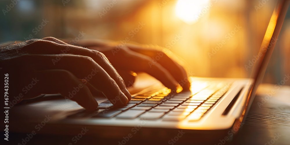 Poster hands typing on a laptop keyboard with warm sunlight glowing in the background creating a cozy works