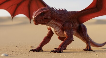 Red Dragon Crawling on Sandy Ground with Open Wings
