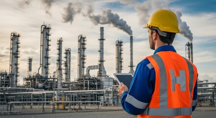 Engineer in safety vest using tablet at industrial refinery site