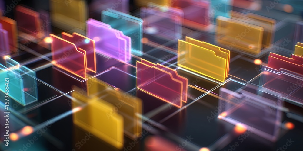 Poster colorful data folders connected by digital network in abstract computer technology concept