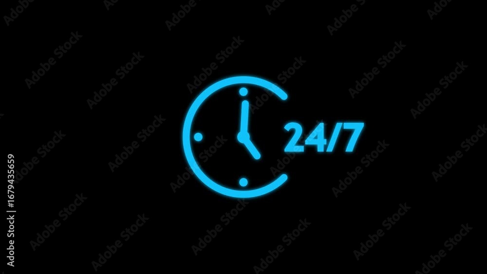 Poster abstract clock icon with 24 hours a day and 7 days a week customer service animation , abstract cloc