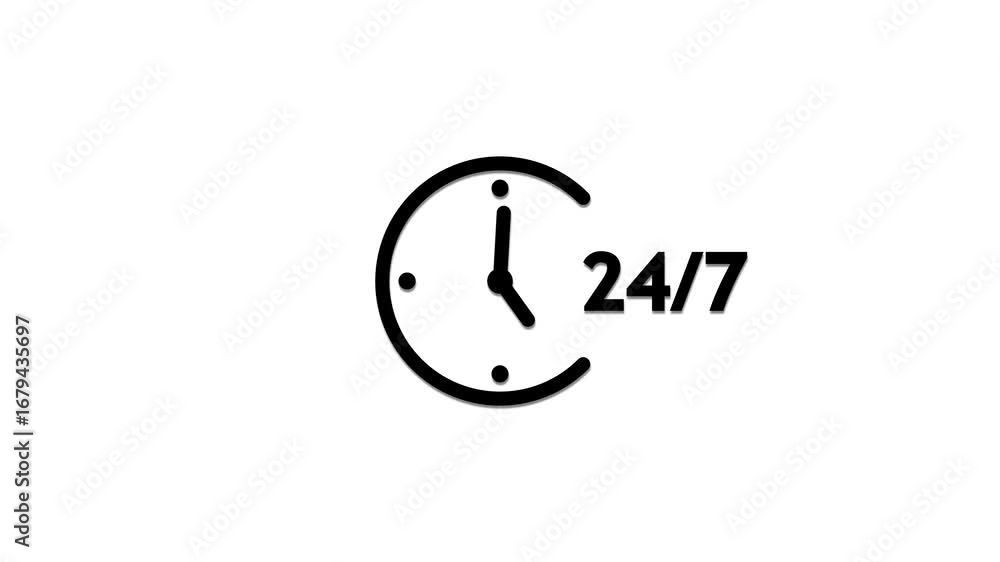 Poster abstract clock icon with 24 hours a day and 7 days a week customer service animation , abstract cloc
