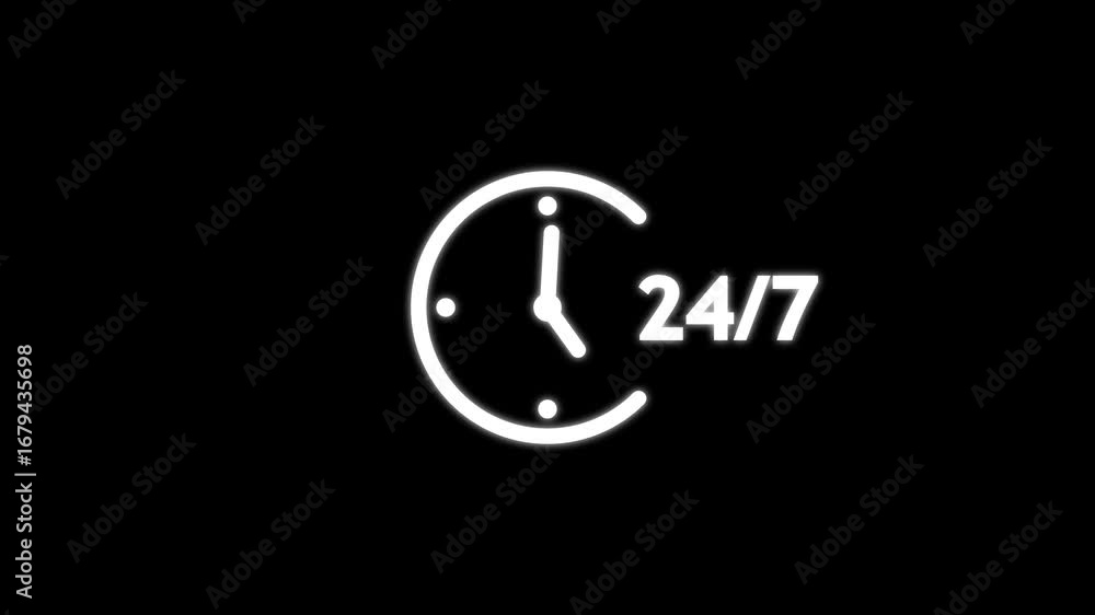 Poster abstract clock icon with 24 hours a day and 7 days a week customer service animation , abstract cloc