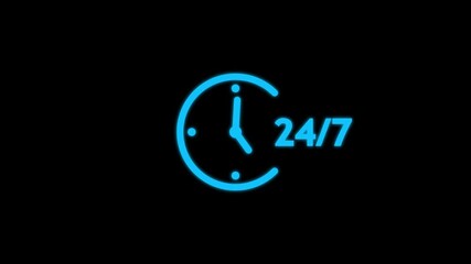 Abstract Clock icon with 24 hours a day and 7 days a week  customer service animation , Abstract Clock icon and 24 hours service symbol. All day cyclic , Clock icon Customer service icon animation .