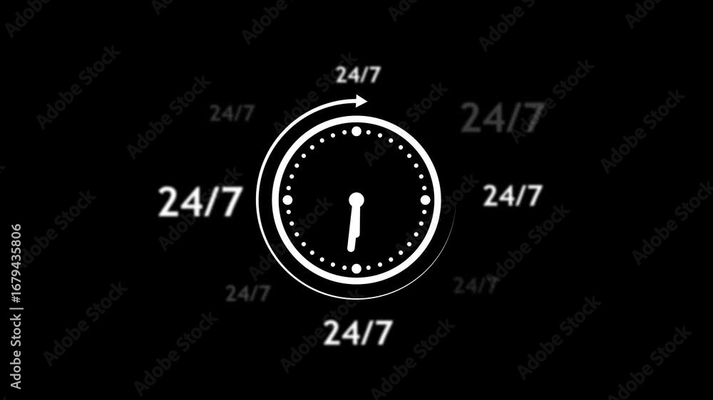 Poster abstract clock icon with 24 hours a day and 7 days a week customer service animation , abstract cloc