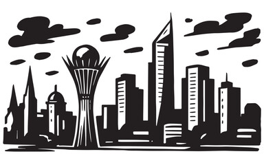 Black and White Graphic Illustration of Astana Skyline