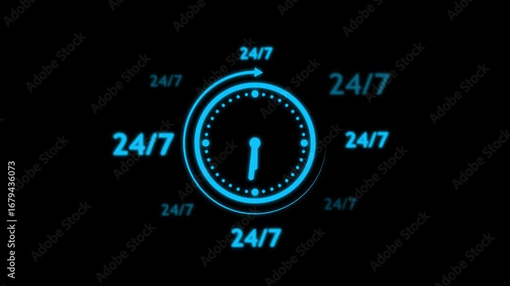 Poster abstract clock icon with 24 hours a day and 7 days a week customer service animation , abstract cloc