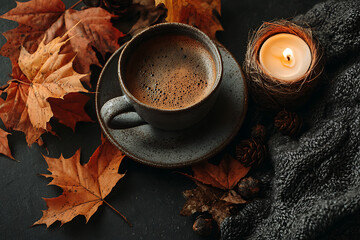 Warm cup of coffee, glowing candle, and autumn leaves create a cozy hygge atmosphere, perfect for fall promotions and lifestyle content.