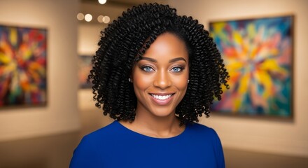 Smiling Woman with Blue Eyes in Gallery Wearing Royal Blue Dress