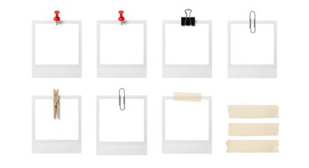 Collection of blank instant photo frames held by office supplies and clips on a white background