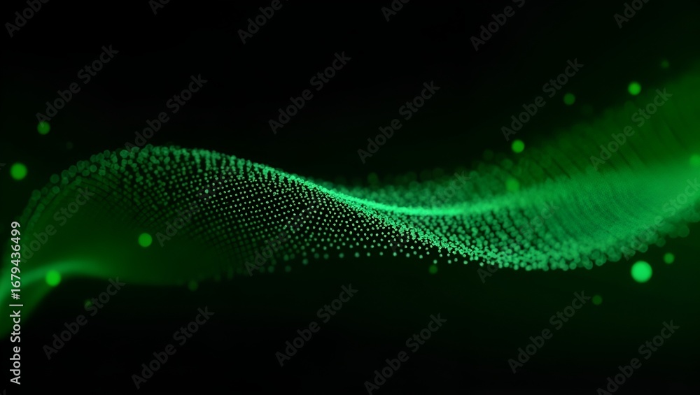 Poster abstract particle motion design – green dots forming a wave gradient, softly fading into black, crea