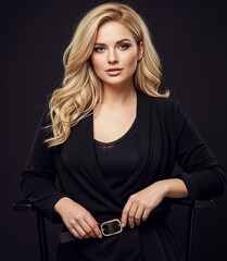Stylish Blond Woman in Black Blazer Posing in Studio Portrait