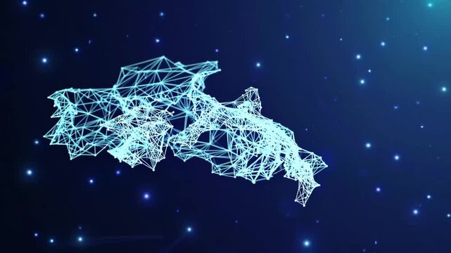Italian territorial outline constructed from polygonal wireframe mesh with low polygon count, featuring glowing network lines and starry space