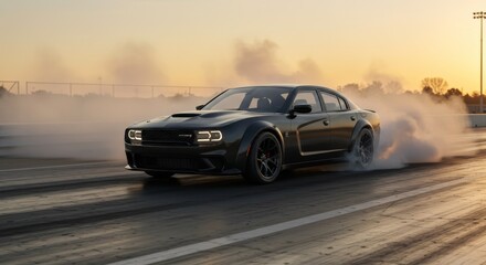Racing car drifting on track at sunset