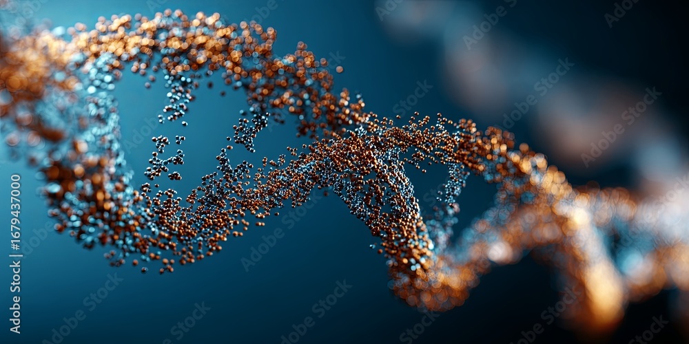Poster abstract visual representation of dna helix structure with blue and brown particles on blue backgrou