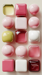 Assorted glossy cubes and spheres in pink, white, and green tones