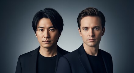 Confident Man Pair Wearing Dark Suits on Gray Background