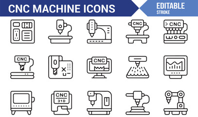 Modern cnc machine tool icons set for industrial design
