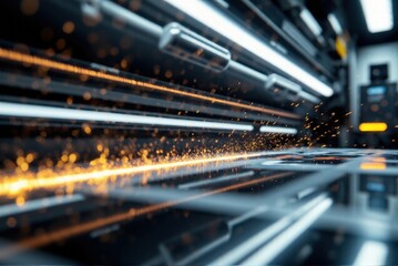 3d printing machine: Black offset ink within stainless-steel duct contrasted with shiny fiber-optic digital data cable, capturing the precision of modern printing technology in action.