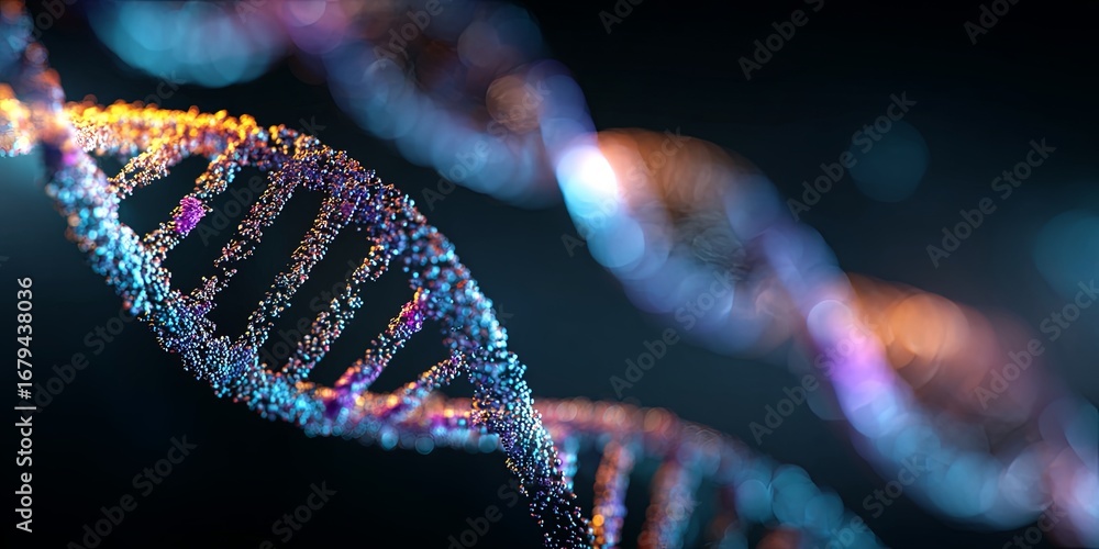 Poster colorful close-up of dna double helix structure with gleaming particles in a high-tech, scientific b