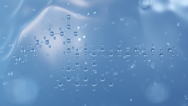 orlistat molecular structure, 3d model molecule, lipase inhibitor structural chemical formula view from a microscope