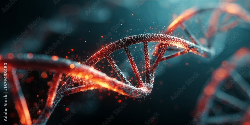 Poster colorful close-up of dna double helix structure with gleaming particles in a high-tech, scientific b