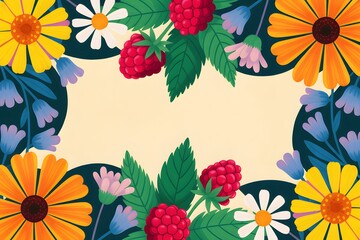 Naklejka premium Botanical Bloom: A vibrant tapestry of nature's treasures. Colorful floral elements, including daisy, raspberry, and lush green foliage, frame the composition, bringing a fresh and organic appeal.