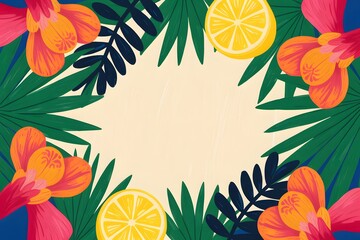 Naklejka premium Tropical Floral Frame: An eye-catching floral frame showcasing bright hibiscus blooms, vibrant green foliage, and juicy lemon slices, perfect for adding a touch of tropical freshness.