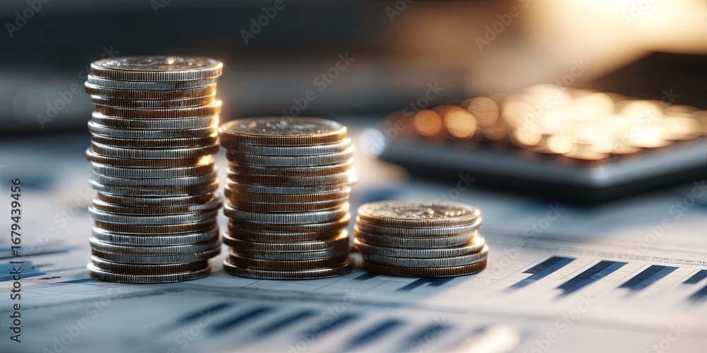 Poster Stacks of coins symbolizing growth and investment strategy in a financial setting with a calculator and charts in the background.
