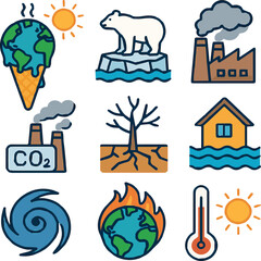 Climate change icons show global warming melting ice floods drought pollution and hurricanes