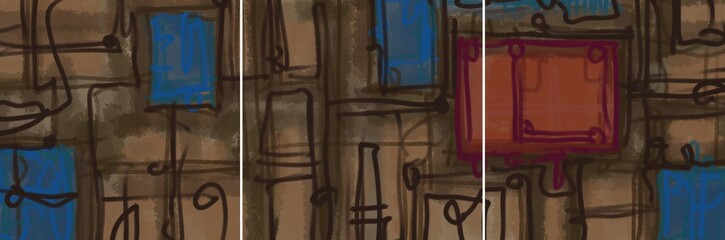 Modern interior triptych. The picture is painted by hand on a tablet.