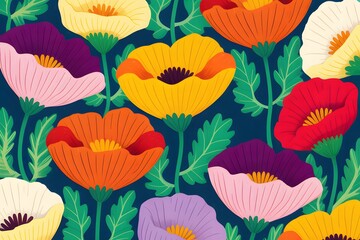 Fototapeta premium Floral fantasy: A vibrant pattern of stylized, colorful flowers creating a bold and beautiful design, bringing a sense of cheer.