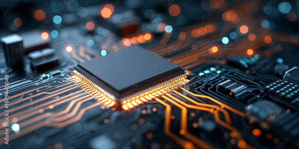 Poster high-resolution close-up of a microprocessor on a circuit board with glowing connections and complex